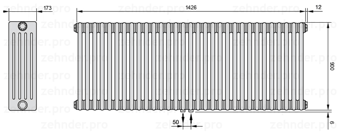 Схема (чертеж) Радиатор Zehnder Charleston 5090/31 №5410 Белый глянцевый RAL 9016